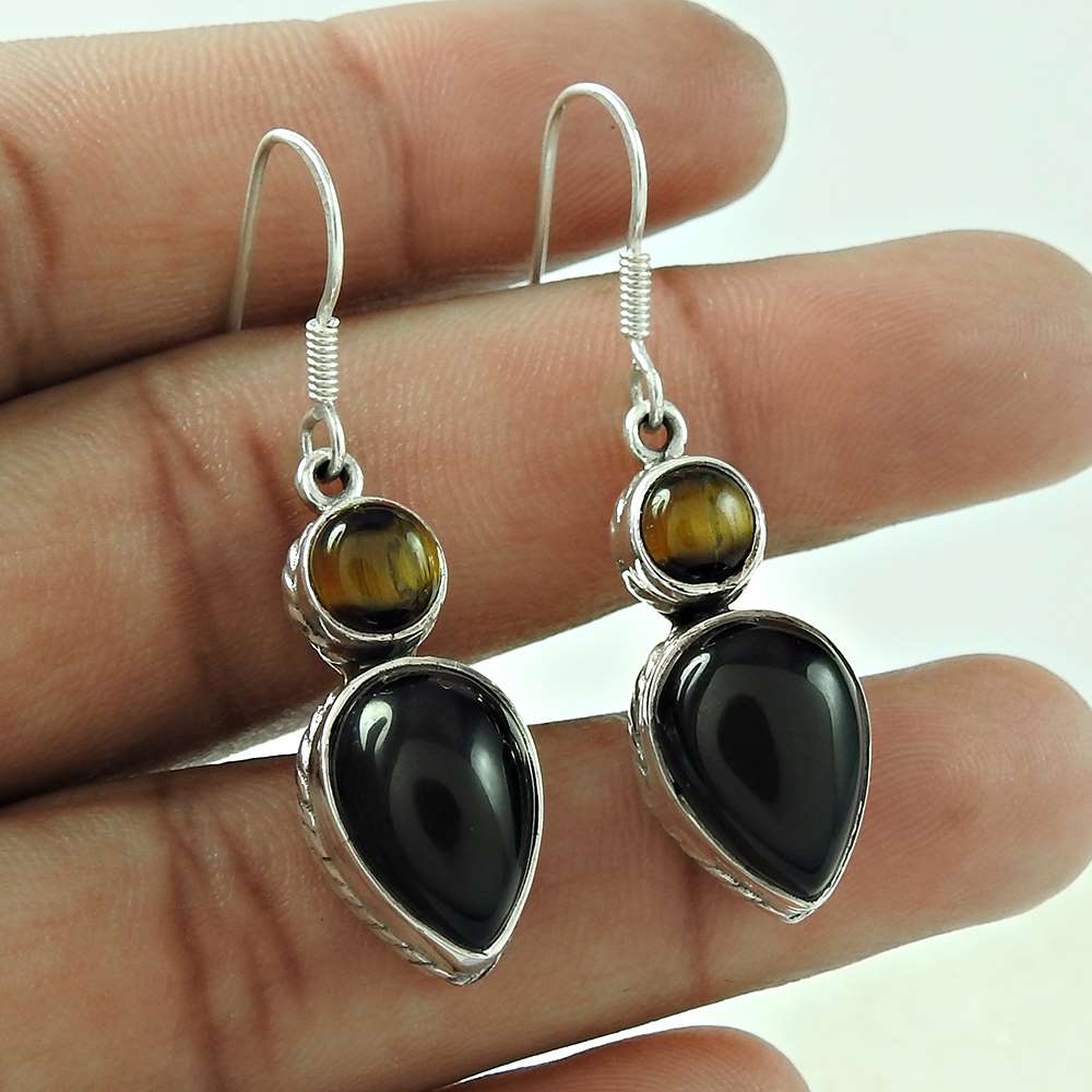 Beautiful Black Onyx Tiger Eye Gemstone 925 Sterling Silver Earring Jewellery