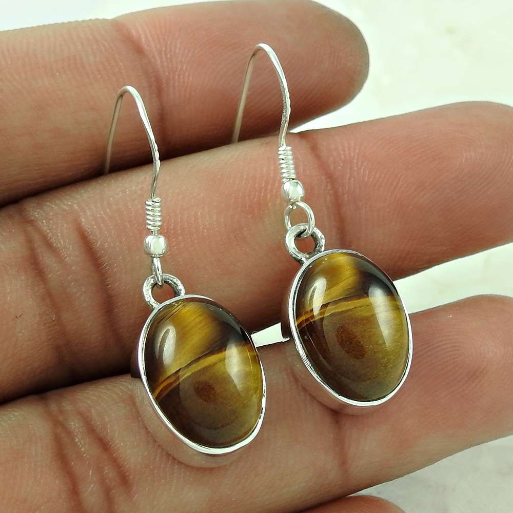 Natural Tiger'S Eye Gemstone Dangle Boho Earrings 925 Sterling Silver O1