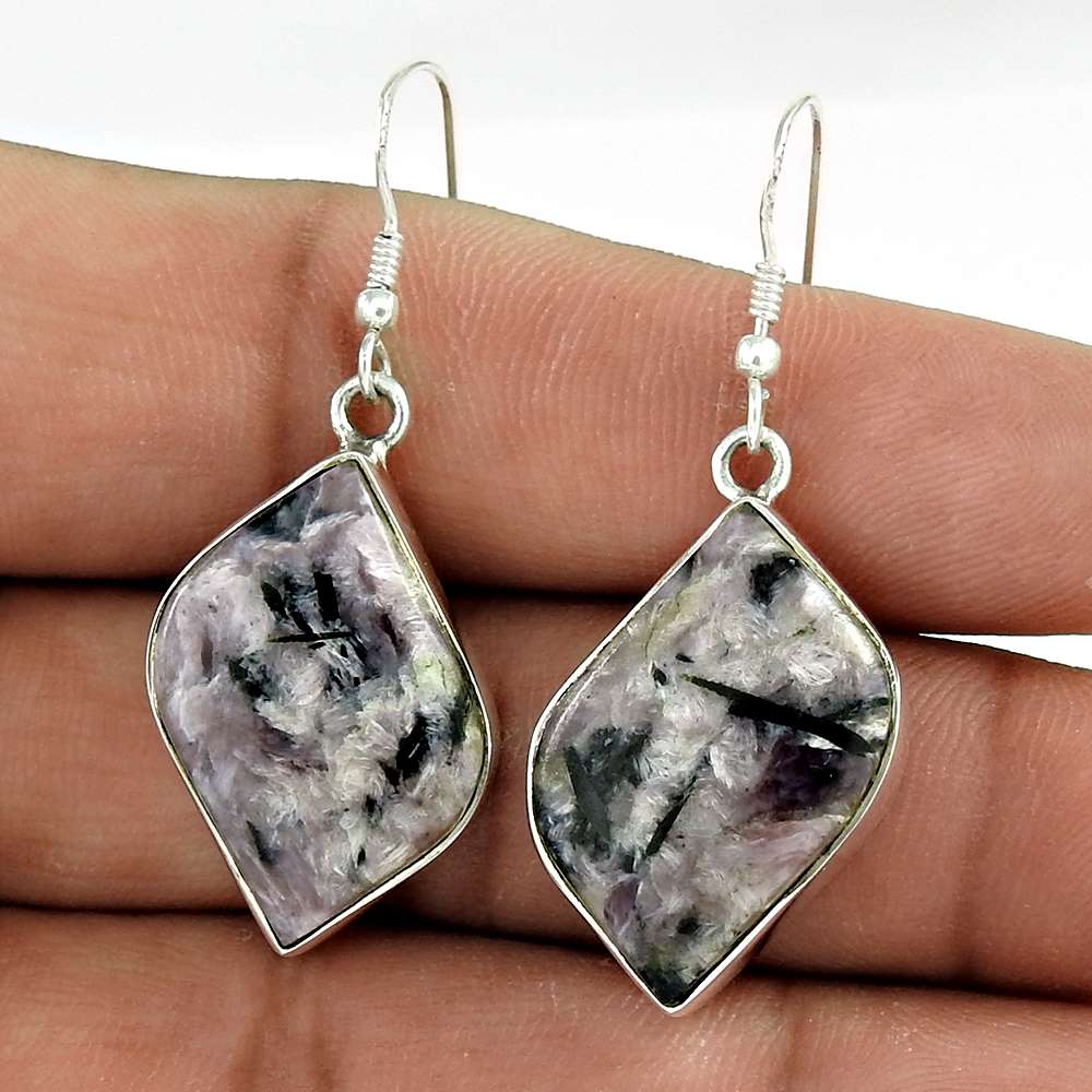 Gift For Women Dangle Boho Earrings 925 Silver Natural Charoite K21
