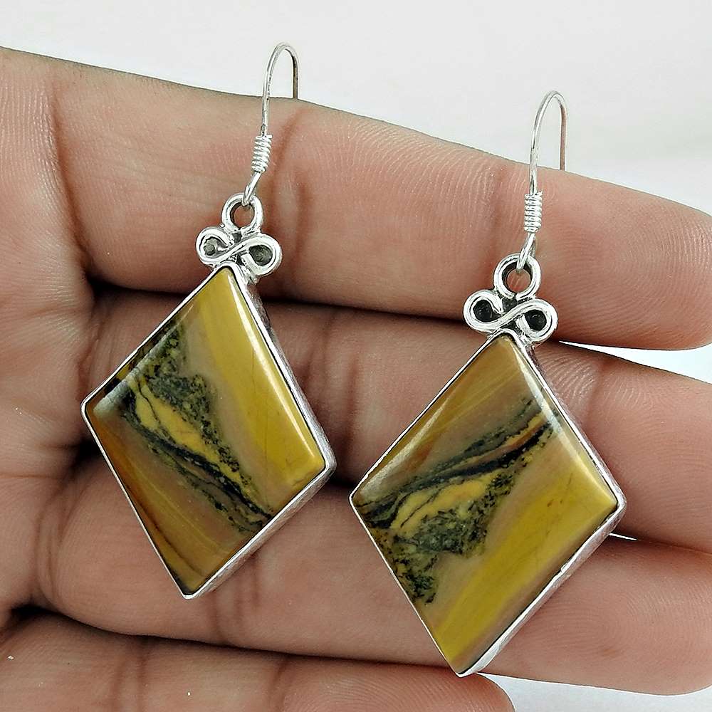 Dangle Vintage Earrings 925 Silver Natural Imperial Jasper T16