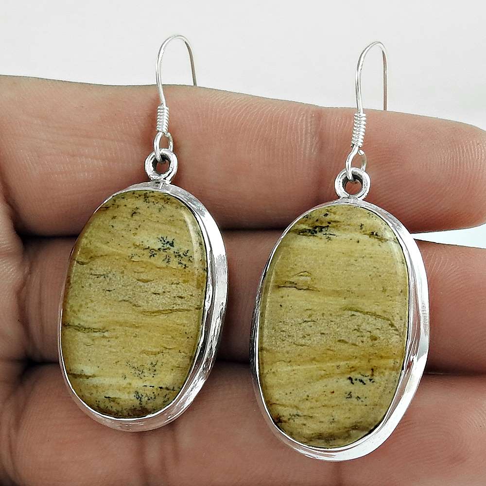 Natural Picture Jasper Dangle Bohemian Earrings 925 Silver For Women S13