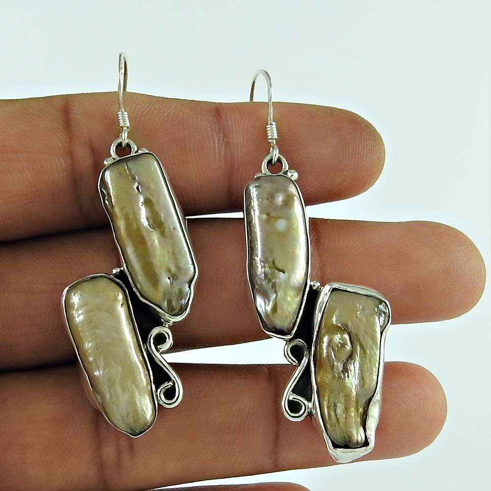 Natural Biwa Pearl Gemstone Dangle Ethnic Gray Earrings 925 Silver H6