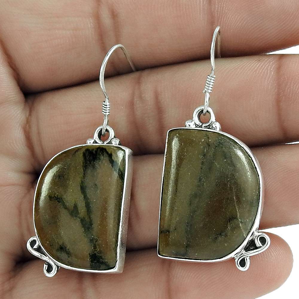 Natural Brush Agate Dangle Tribal Earrings 925 Silver For Women H34