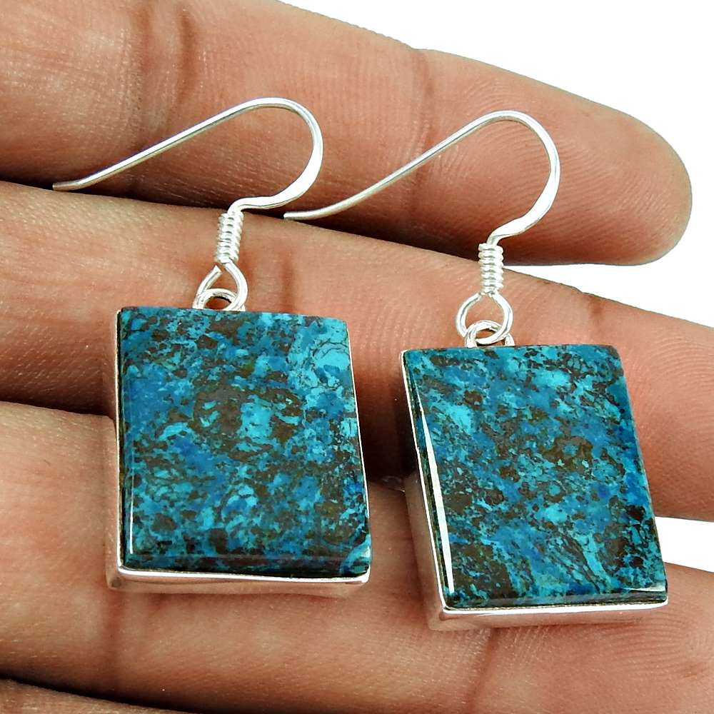 Beautiful Azurite Gemstone Earrings 925 Sterling Silver Indian Jewellery