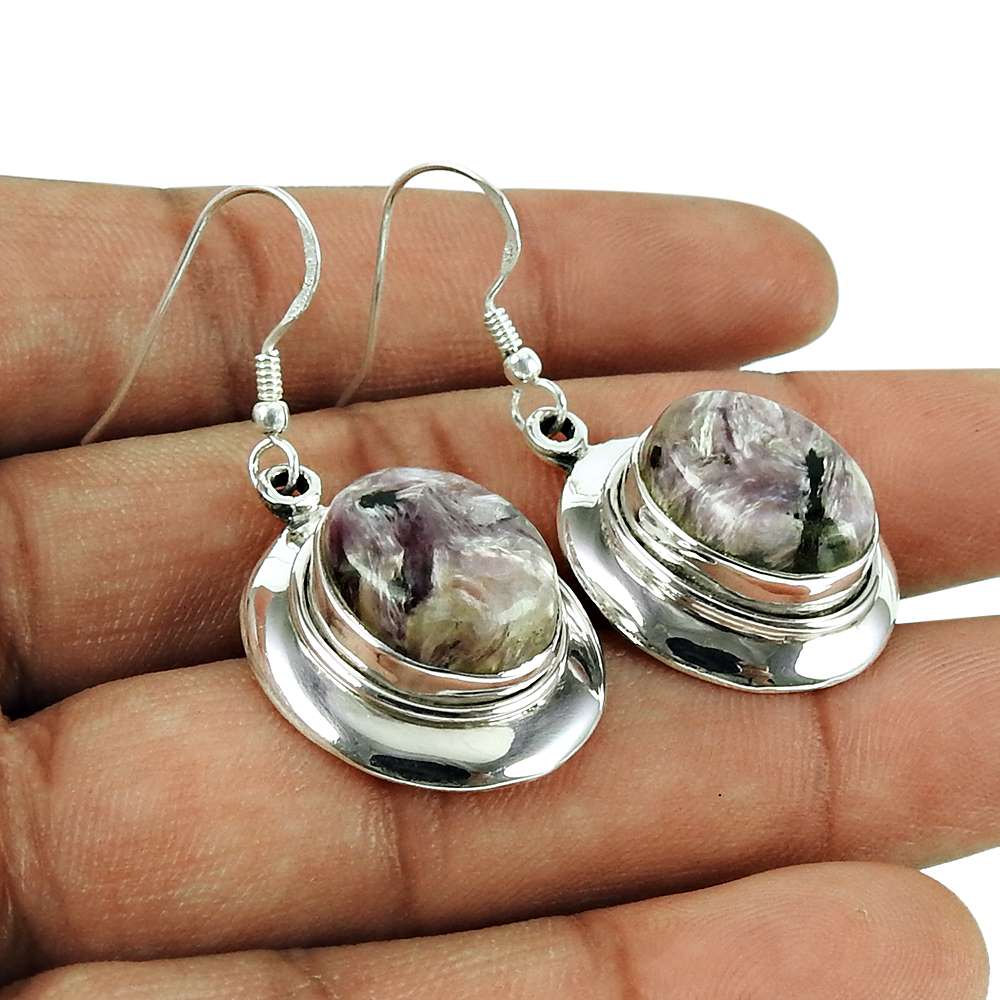Rare Charoite Gemstone Earrings 925 Sterling Silver Jewellery