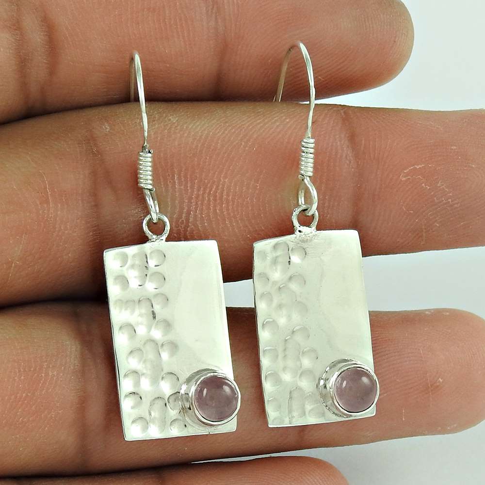 Natural Rose Quartz Gemstone 925 Silver Dangle Tribal Earrings For Girls R9