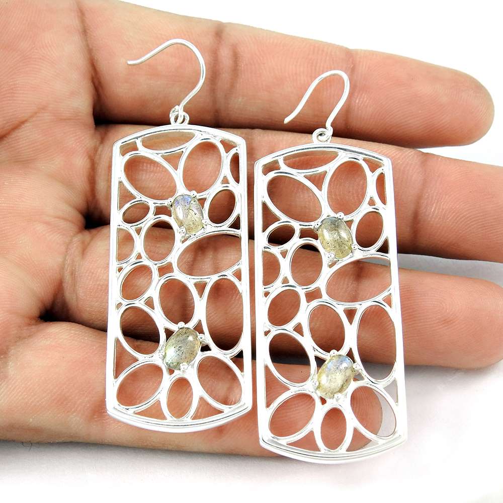 Gift For Her Natural Labradorite Dangle Ethnic Earrings 925 Silver T9