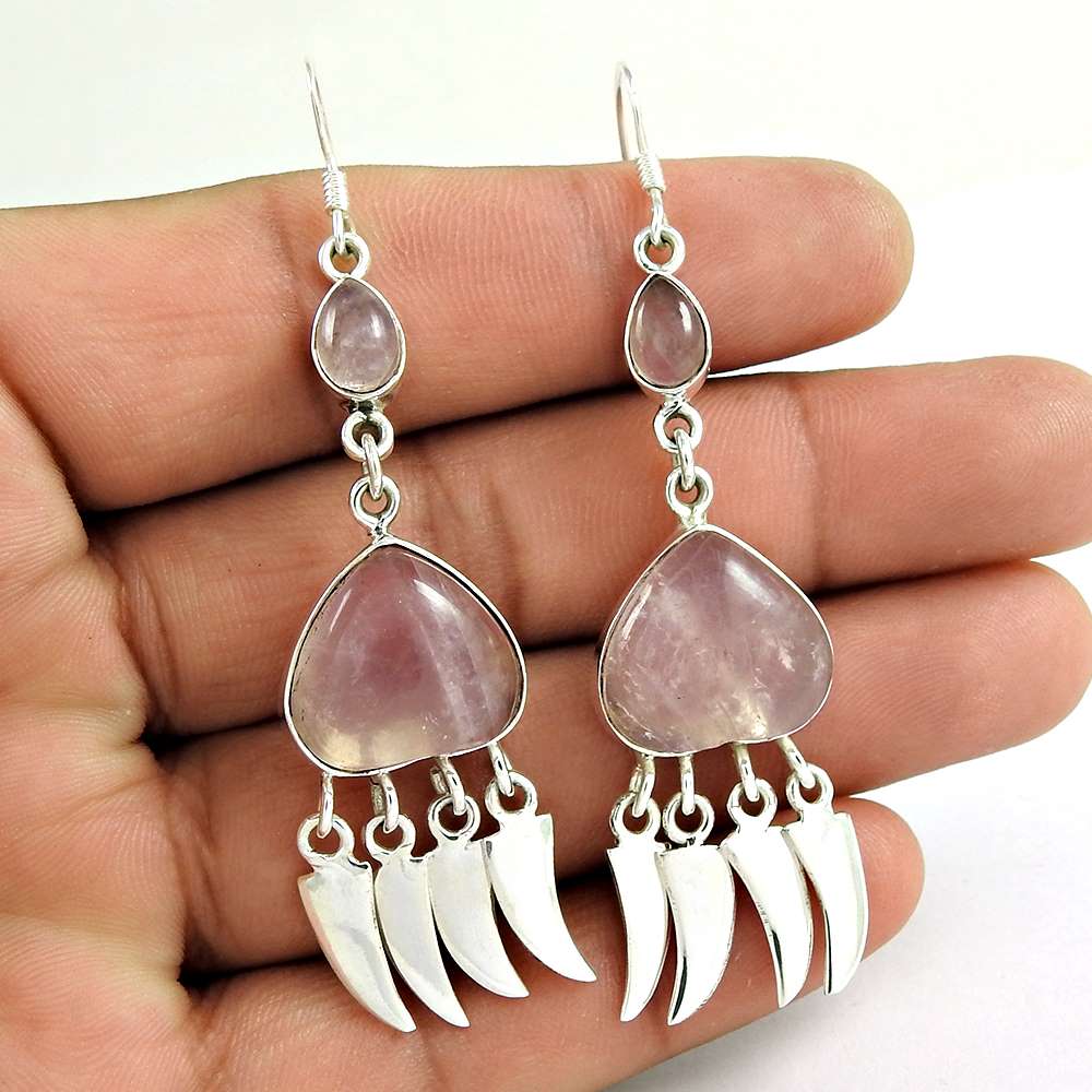 Woman Gift Heart Rose Quartz Gemstone Earrings 925 Sterling Silver Jewellery