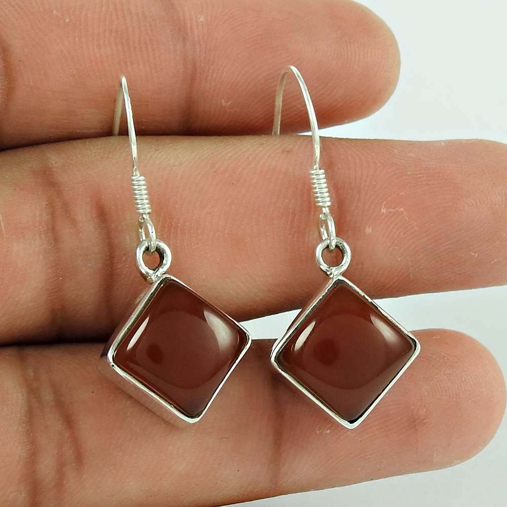 Dainty 925 Sterling Silver Red Onyx Gemstone Earring Vintage Jewellery