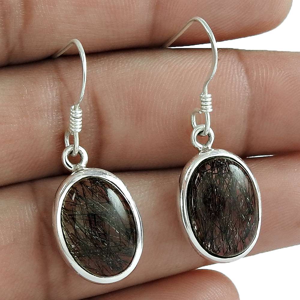 Natural Black Rutile Gemstone 925 Silver Dangle Boho Earrings For Girls Y17