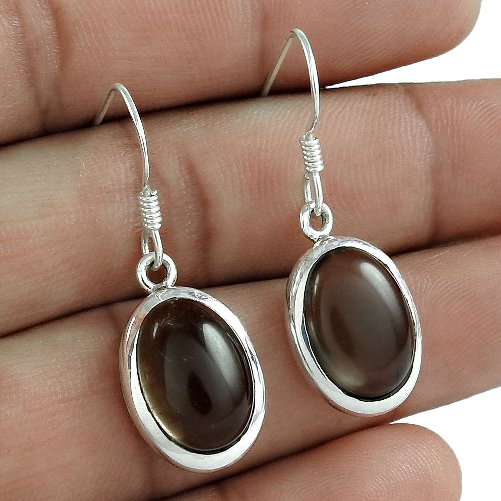 Natural Smoky Quartz Gemstone Dangle Earrings 925 Silver For Girls Z1