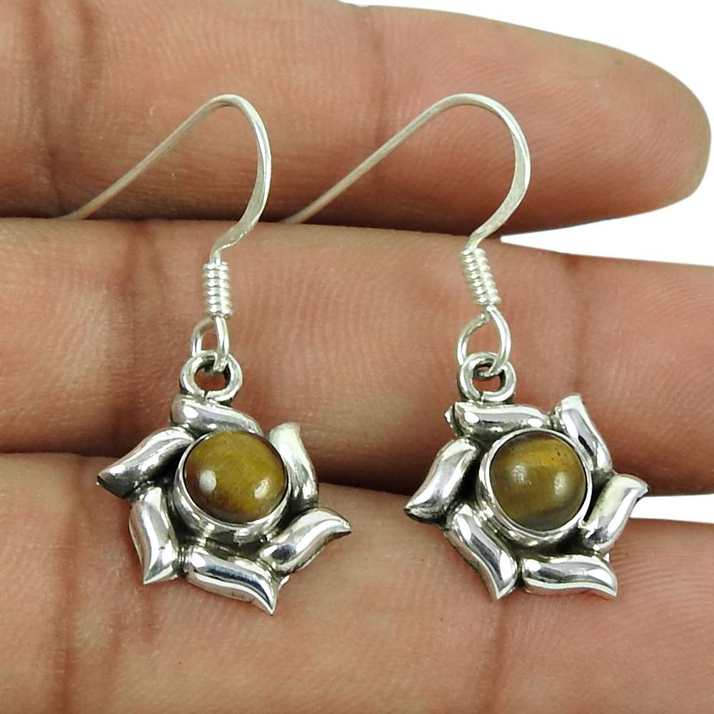 Lustrous 925 Sterling Silver Tiger Eye Gemstone Earrings Designer Jewellery