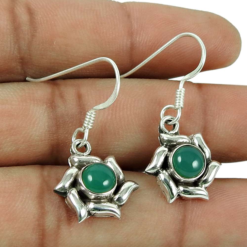 Personable 925 Sterling Silver Green Onyx Gemstone Earrings