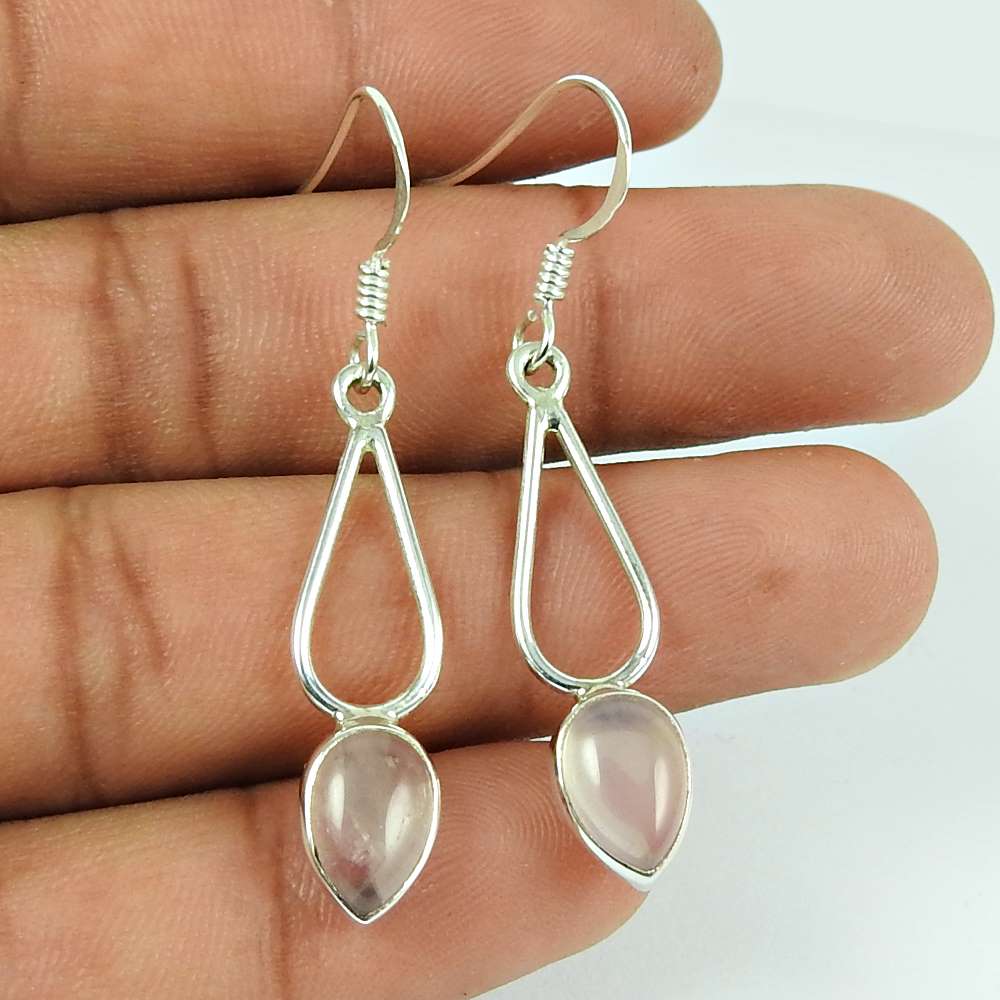 Natural Rose Quartz 925 Silver Dangle Bohemian Earrings For Women D13