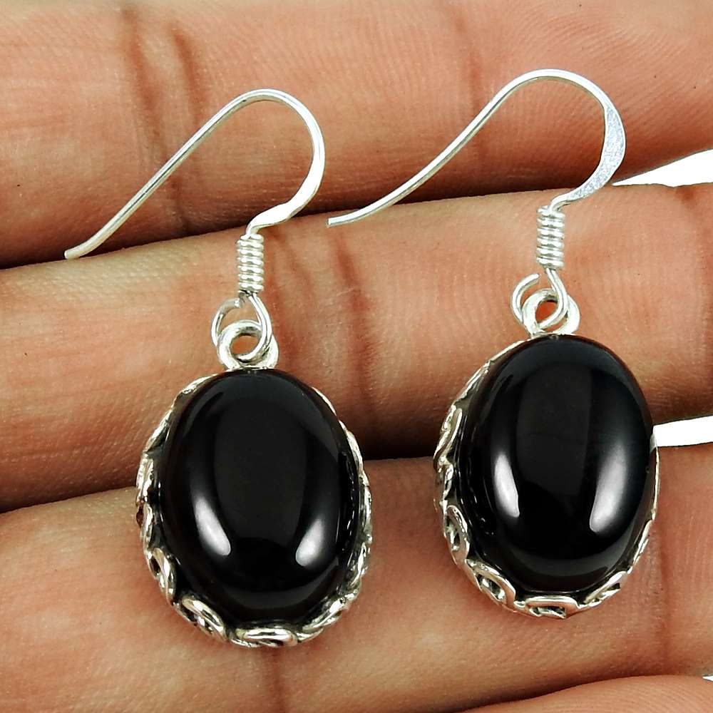 Rare Black Onyx Gemstone Earrings 925 Sterling Silver Indian Jewellery