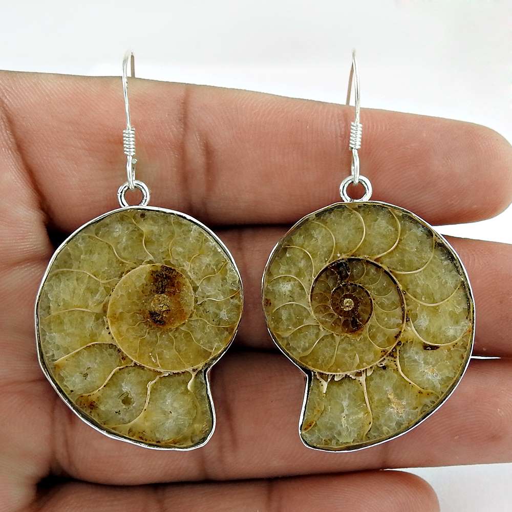 Natural Ammonite Gemstone Dangle Tribal Earrings 925 Silver For Girls K14