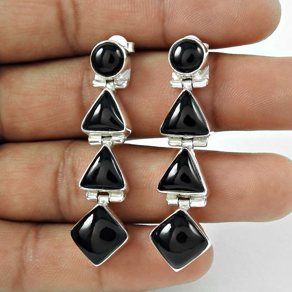Natural Onyx Gemstone Dangle Bohemian Earrings 925 Sterling Silver B17