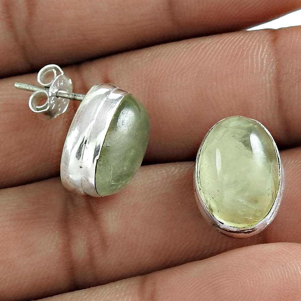 Natural Prehnite Gemstone Stud Earrings 925 Sterling Silver Indian Jewelry V15