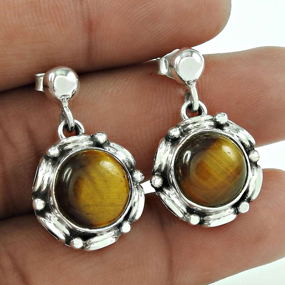 Trendy 925 Sterling Silver Tiger Eye Gemstone Earrings