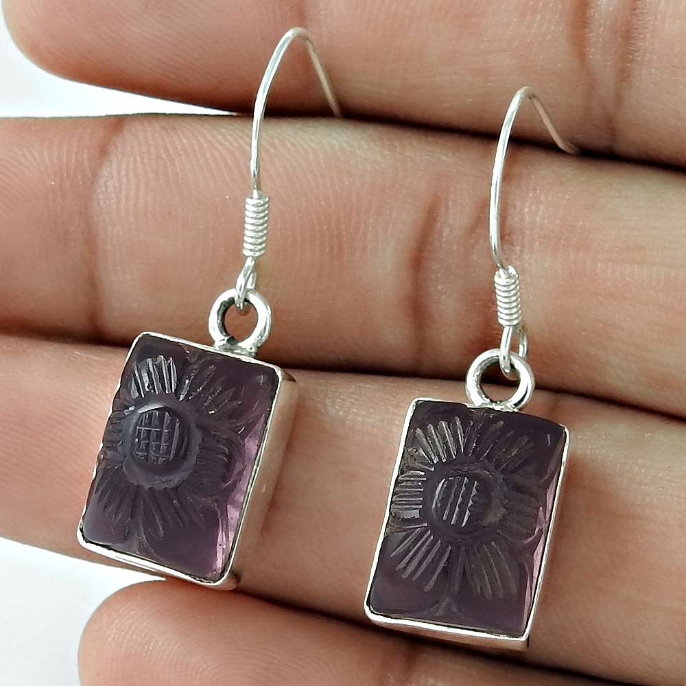 Natural Amethyst Gemstone 925 Silver Dangle Ethnic Earrings For Girls I16