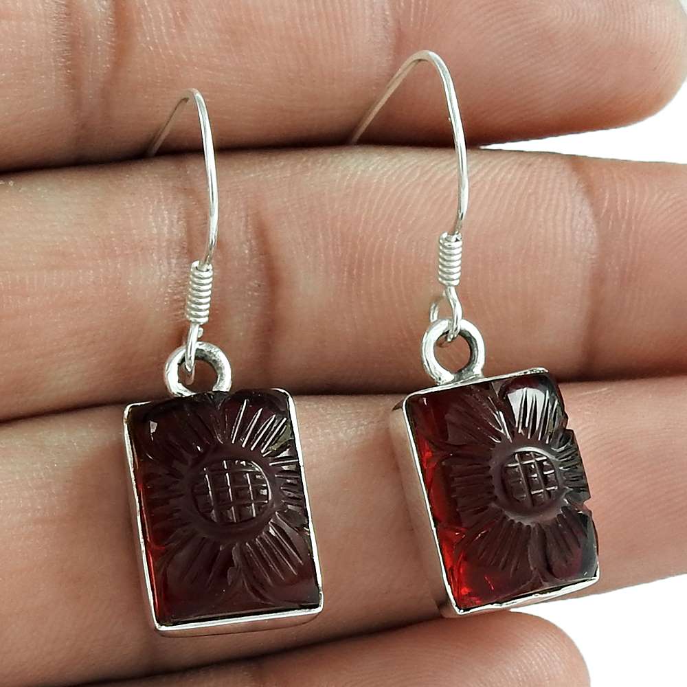 Natural Garnet Quartz 925 Silver Dangle Bohemian Earrings For Girls T16