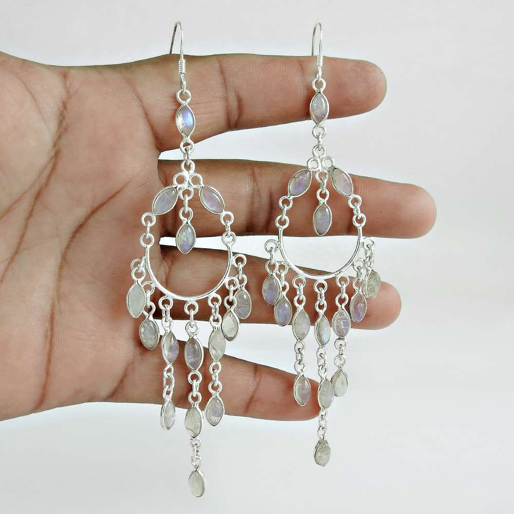 Natural Rainbow Moonstone Gemstone Dangle Bohemian Earrings 925 Silver X16