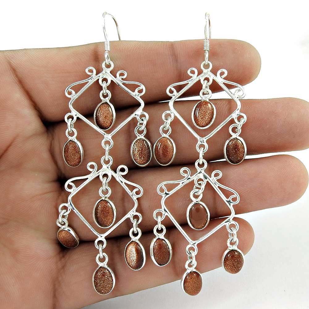 Natural Sunstone Gemstone Dangle Ethnic Brown Earrings 925 Silver Q2