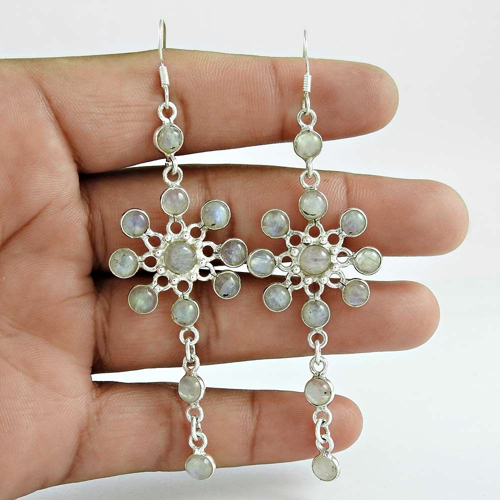 Natural Rainbow Moonstone Gemstone Dangle Bohemian Earrings 925 Silver H17
