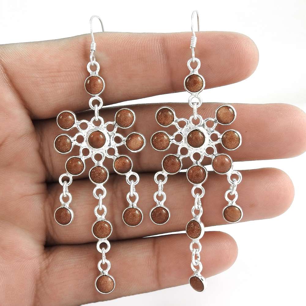 Natural Sunstone Gemstone 925 Silver Dangle Ethnic Earrings For Women I17