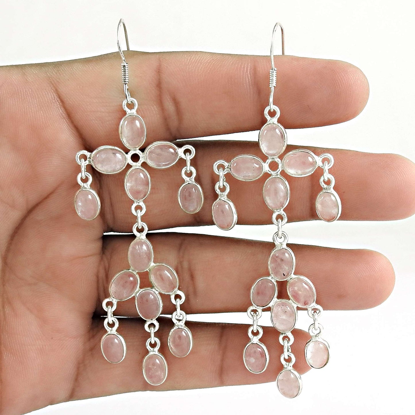 Natural Rose Quartz Gemstone 925 Silver Dangle Boho Earrings For Girls Z17