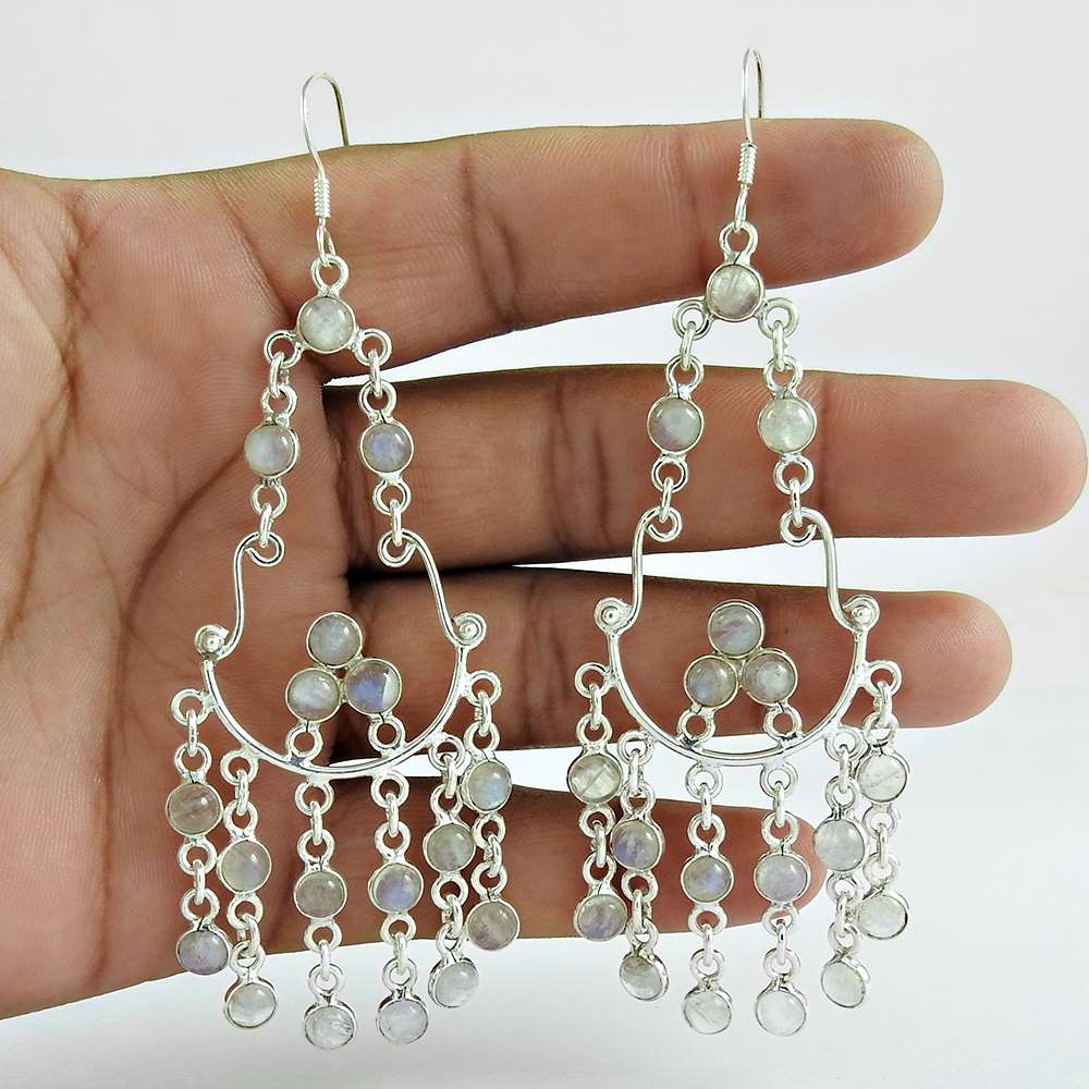 Natural Rainbow Moonstone Gemstone Dangle Bohemian Earrings 925 Silver B18