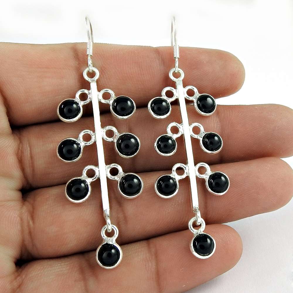 Birthday Gift For Her Natural Onyx Dangle Bohemian Earrings 925 Silver C18