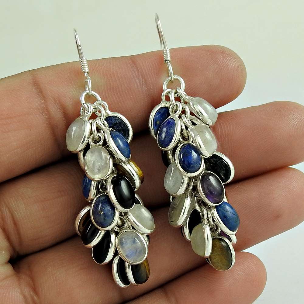 Party Wear Amethyst Lapis Tiger Eye Black Onyx Rainbow Moonstone Gemstone Sterling Silver Earrings Sterling Silver Fashion Jewellery