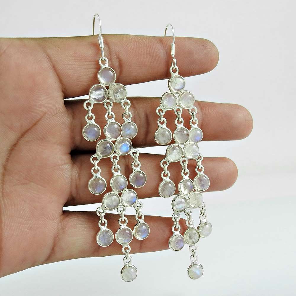 Natural Rainbow Moonstone 925 Silver Dangle Tribal Earrings For Girls I18