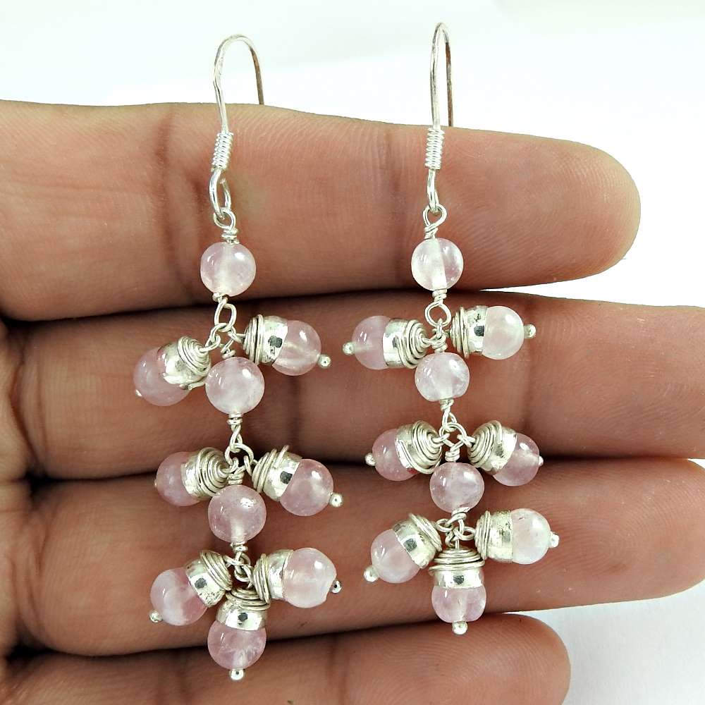 Rattling Rose Quartz Gemstone Sterling Silver Earrings 925 Silver Jewellery