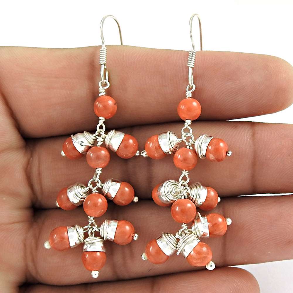 Birthday Gift For Her Natural Coral Dangle Ethnic Earrings 925 Silver I21