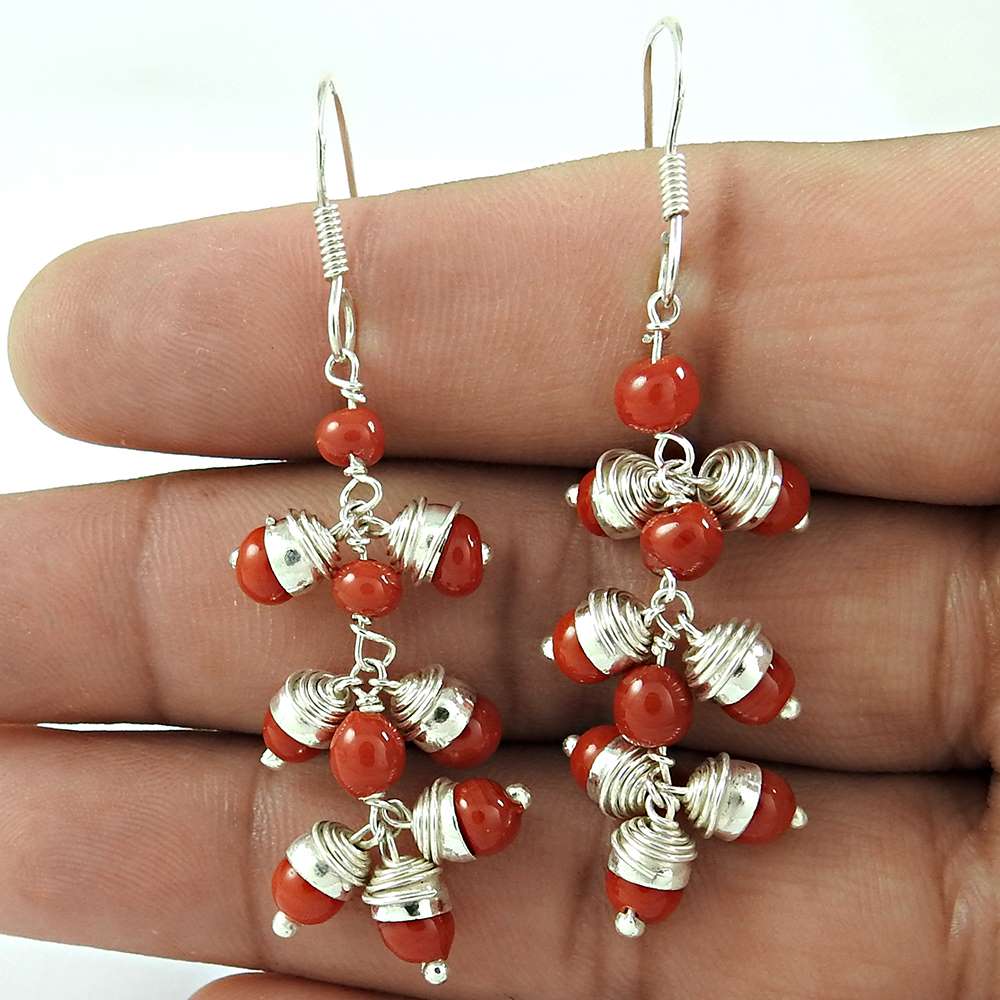 Natural Coral Gemstone Dangle Tribal Red Earrings 925 Sterling Silver D22