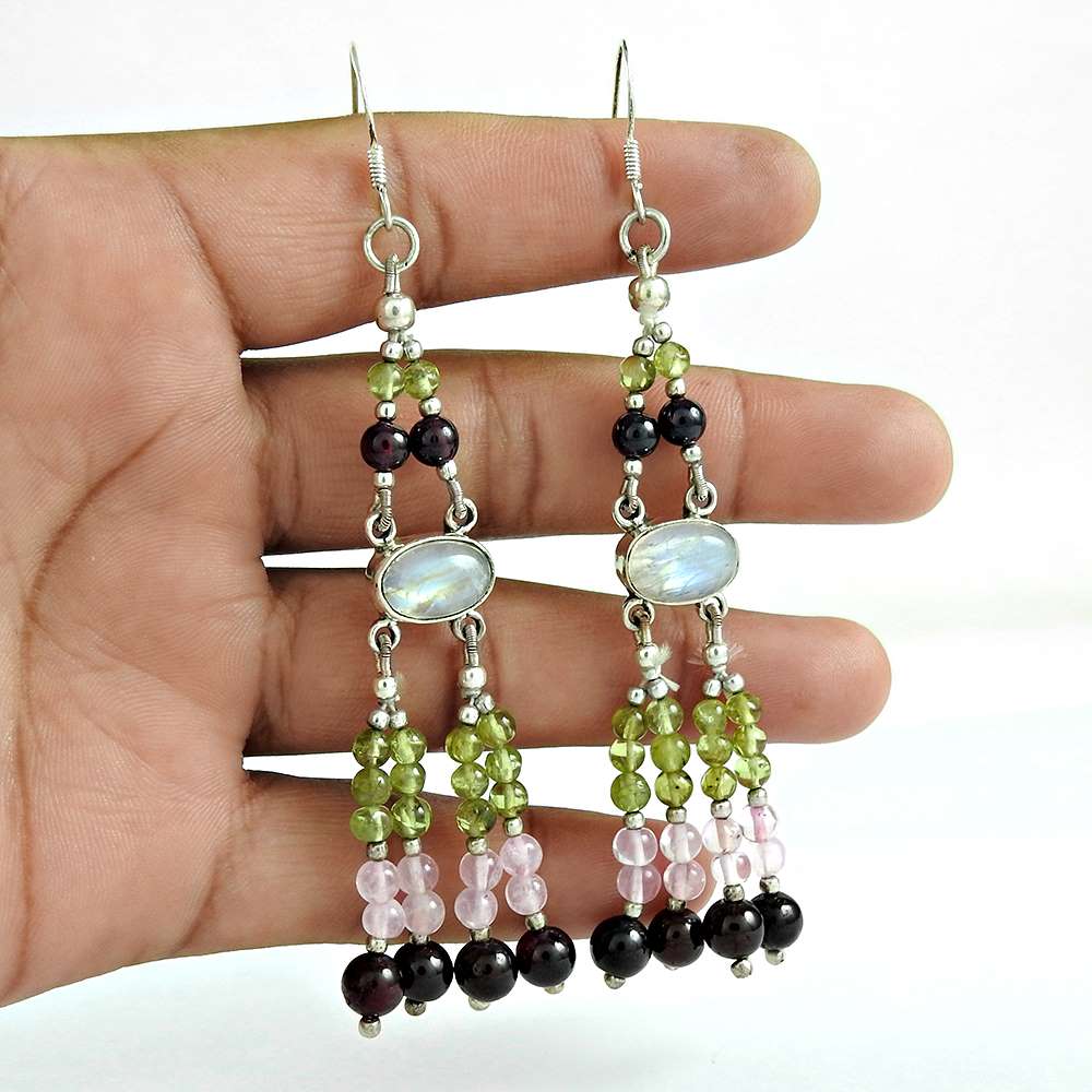 Natural Rainbow Moonstone Dangle Vintage Earrings 925 Silver For Girls T22