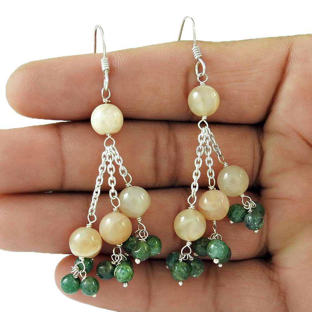 Natural Aventurine Gemstone 925 Silver Dangle Ethnic Earrings For Girls F23