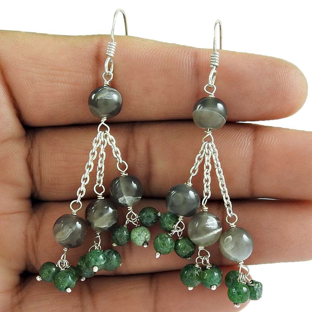 Gift For Her Natural Aventurine Dangle Tribal Earrings 925 Silver Z1