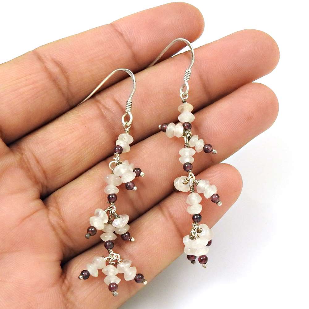 Woman Gift Dangle Beaded Earrings 925 Silver Natural Rose Quartz N2