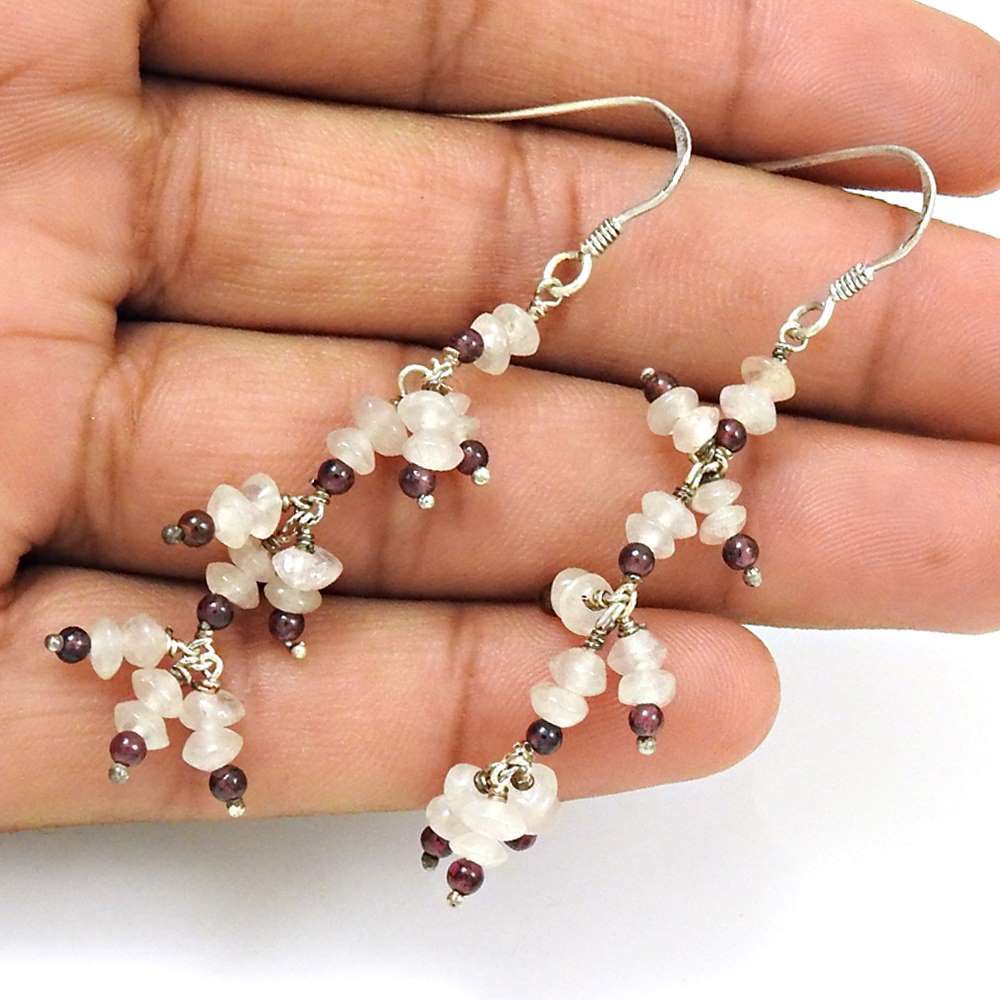 Woman Gift 925 Silver Natural Rose Quartz Dangle Beaded Earrings O2