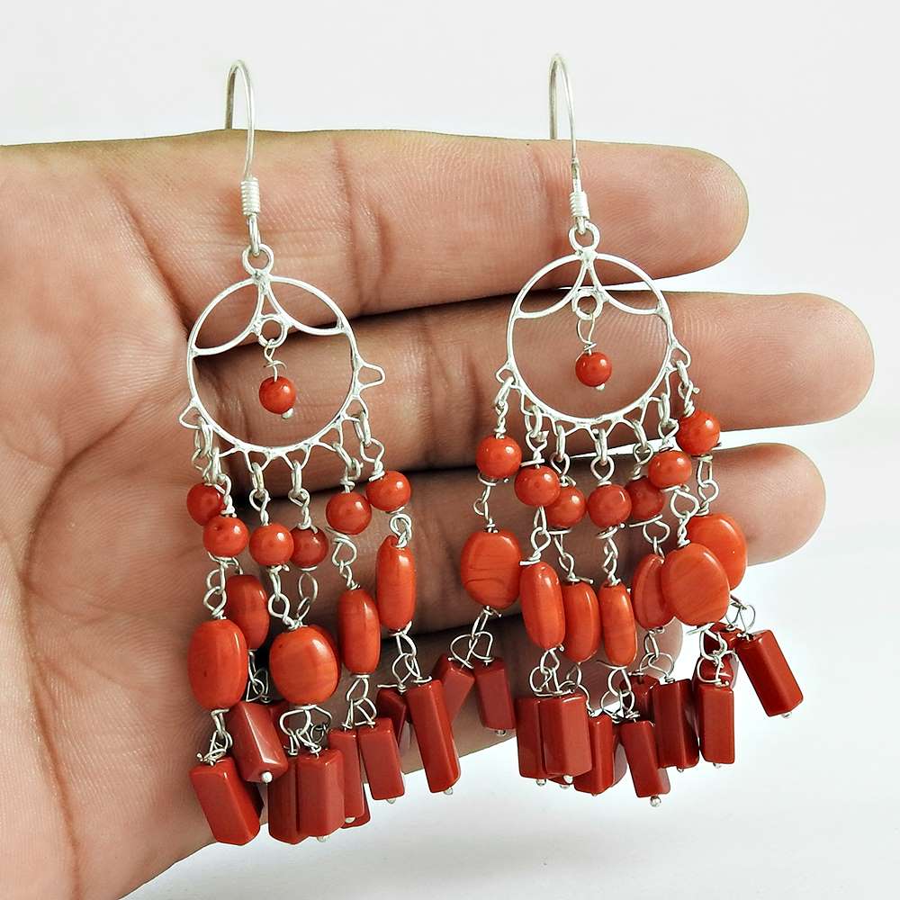 Wedding Gift For Her 925 Silver Natural Coral Dangle Tribal Earrings R26