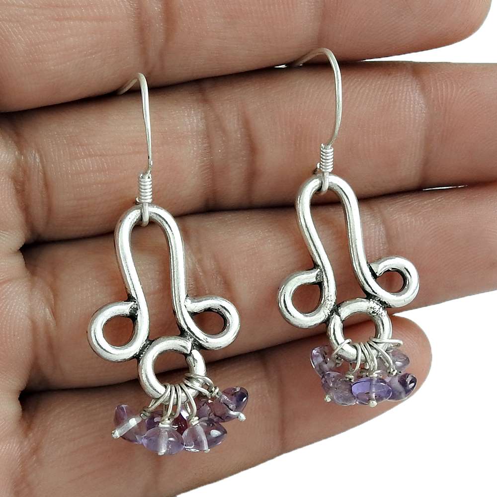 Natural Amethyst Gemstone Boho Earrings 925 Silver F3