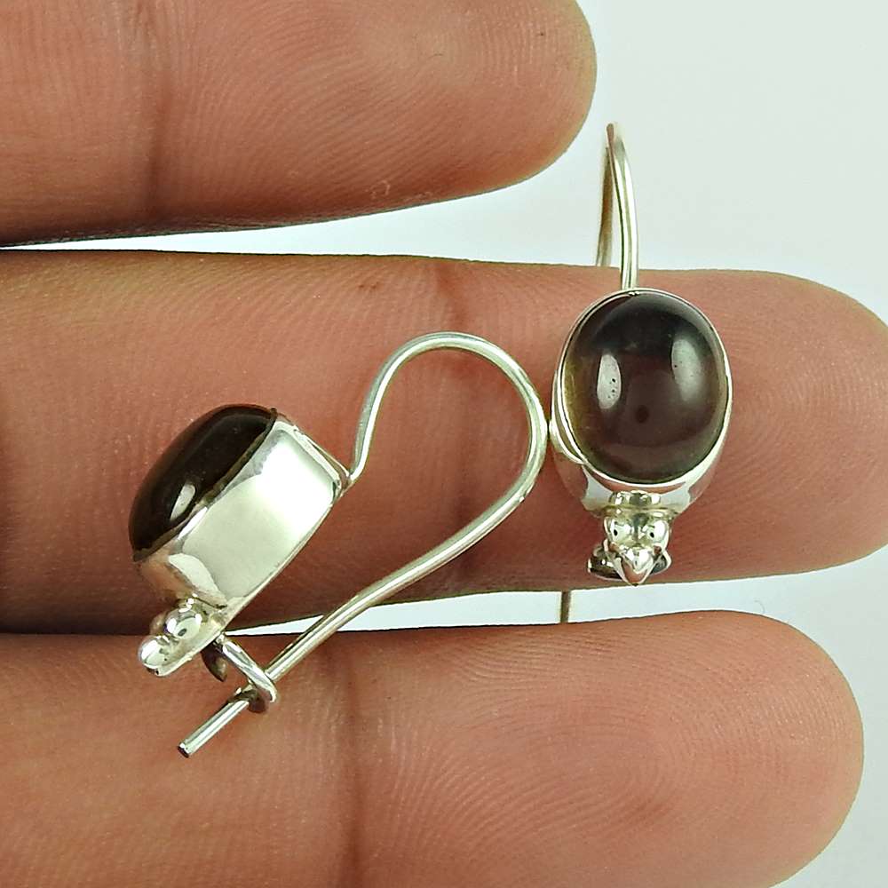 Natural Smoky Quartz Gemstone Dangle Ethnic Brown Earrings 925 Silver M4