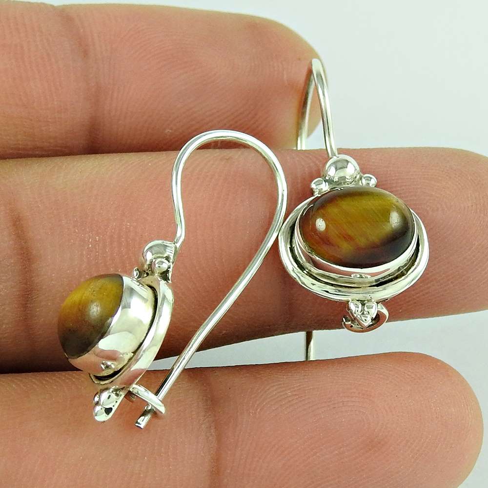 Natural Tiger'S Eye Gemstone Dangle Brown Earrings 925 Sterling Silver Q3