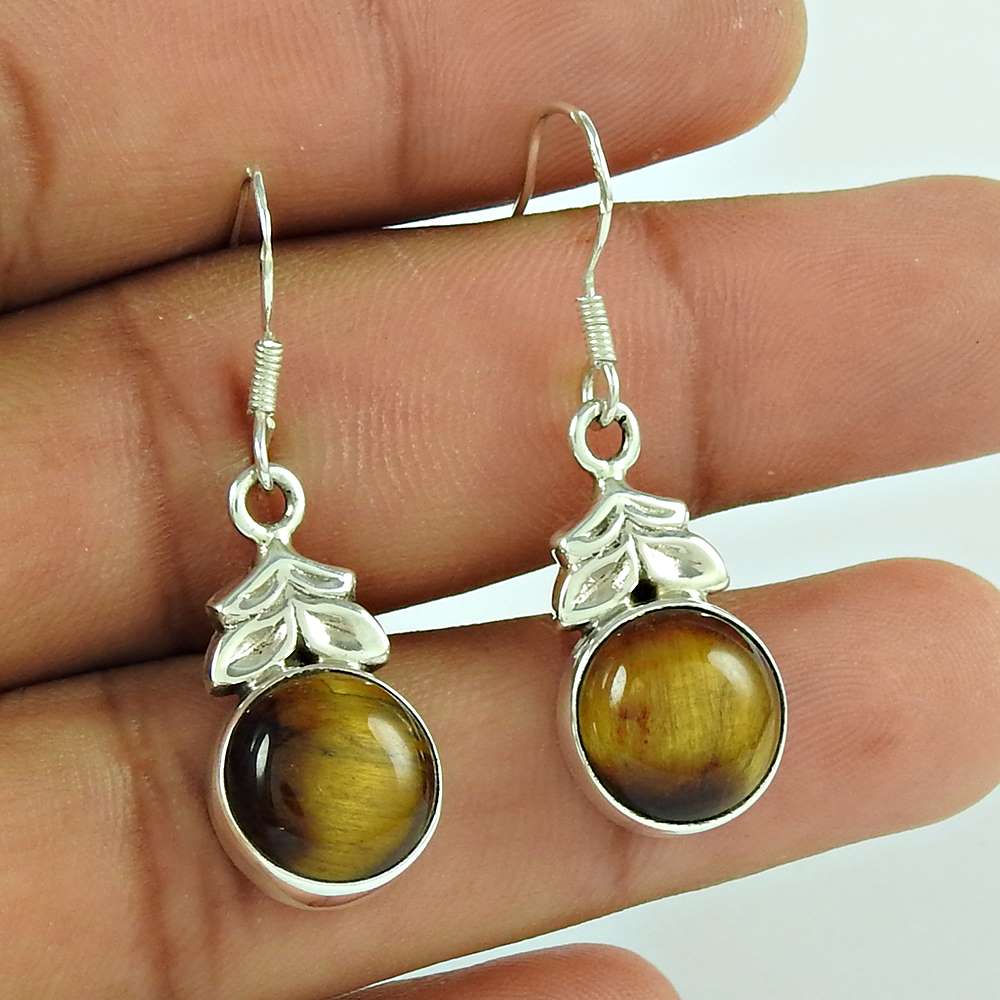 Gift For Her 925 Silver Natural Tiger'S Eye Dangle Vintage Earrings T30