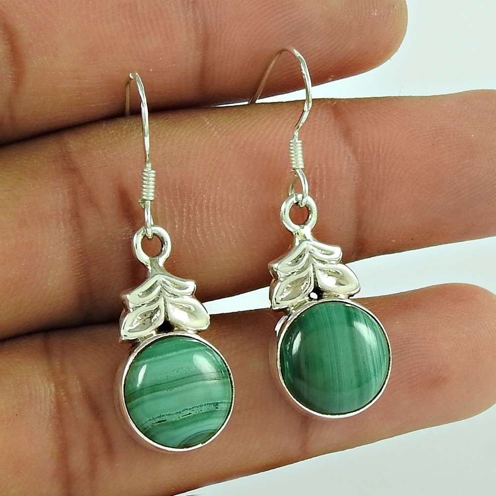 Natural Malachite Gemstone Dangle Vintage Earrings 925 Silver For Women V30