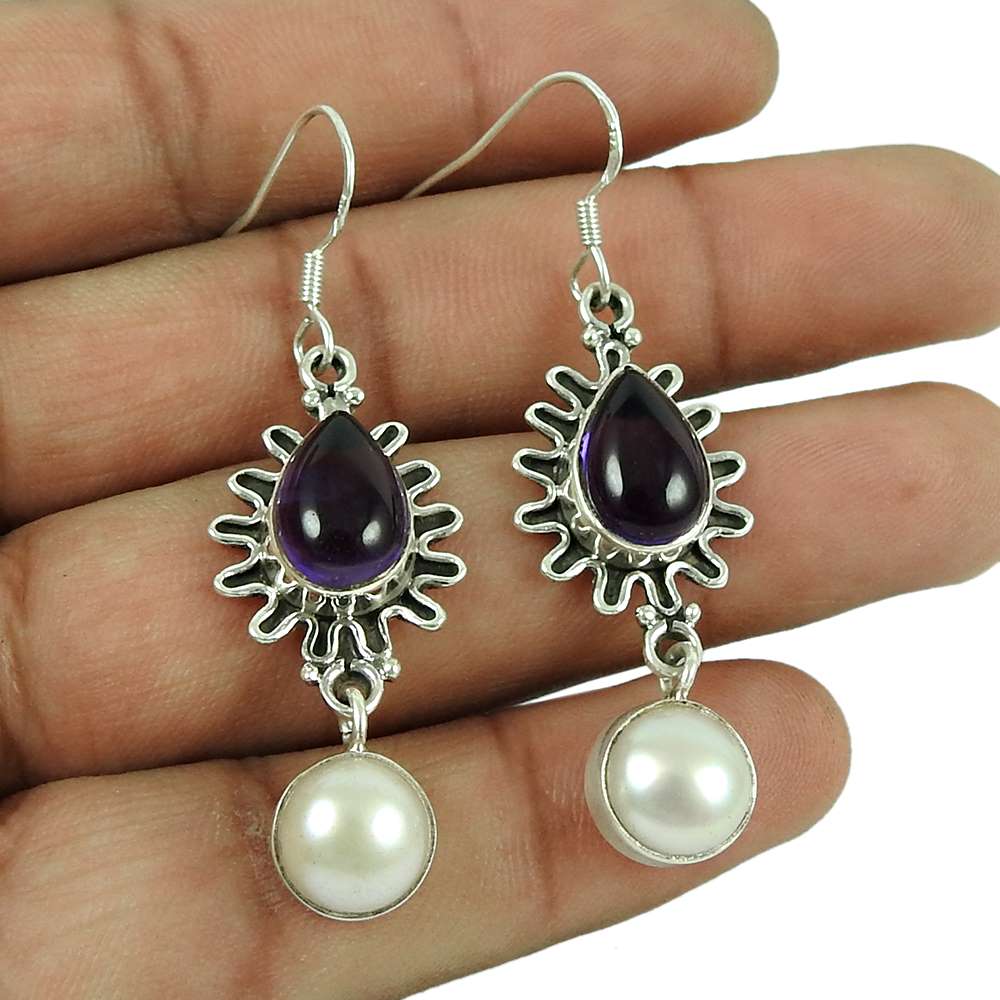 925 Sterling Silver Jewelry Beautiful Amethyst Pearl Gemstone Earrings