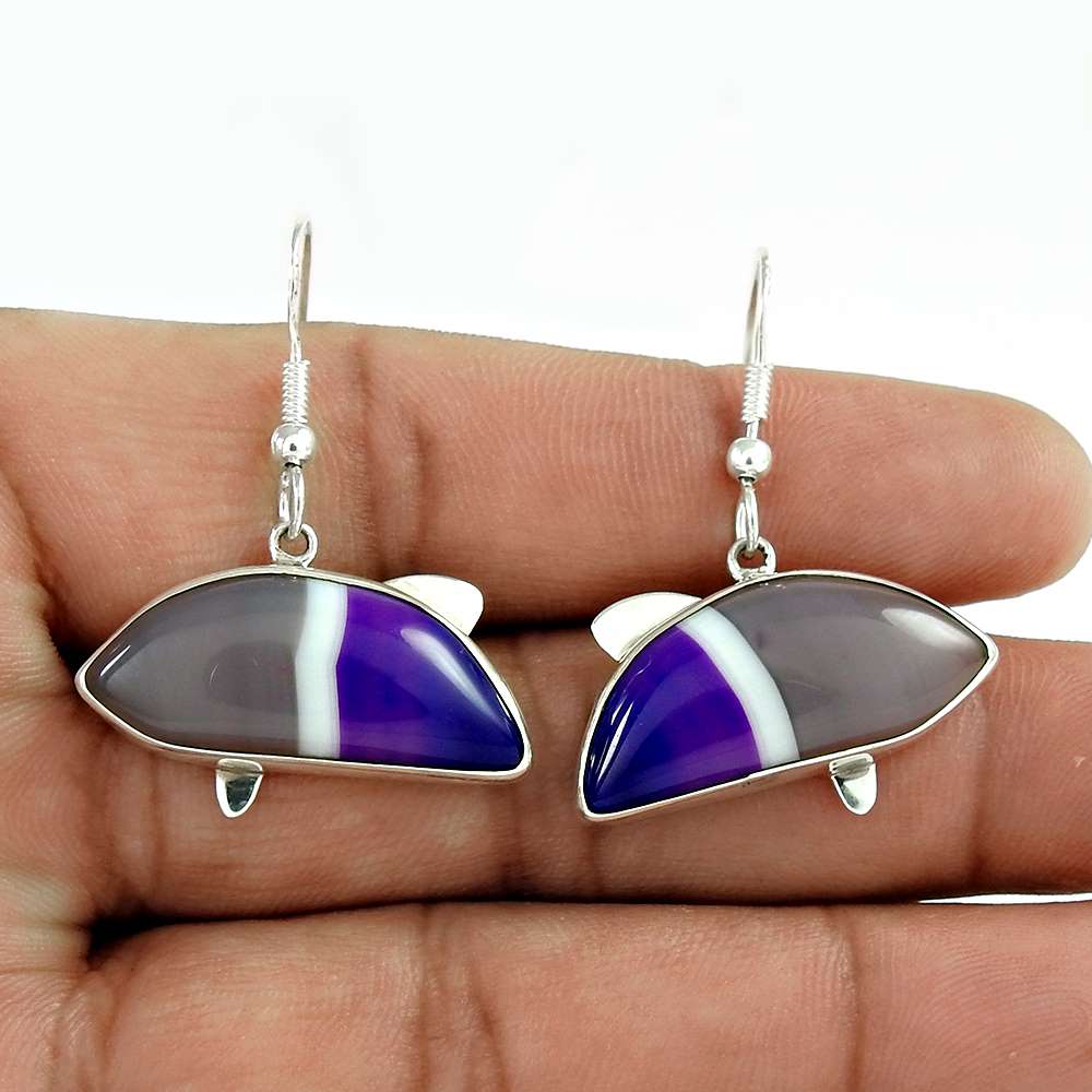 Gift For Her 925 Silver Natural Striped Onyx Dangle Ethnic Earrings J32